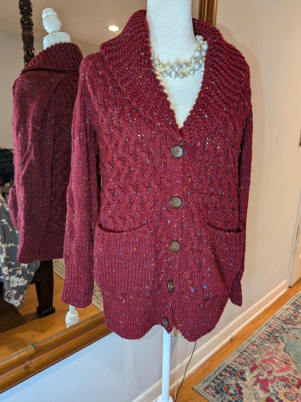 Cozy Shawl-Collar Cable Knit Cardigan in Burgundy